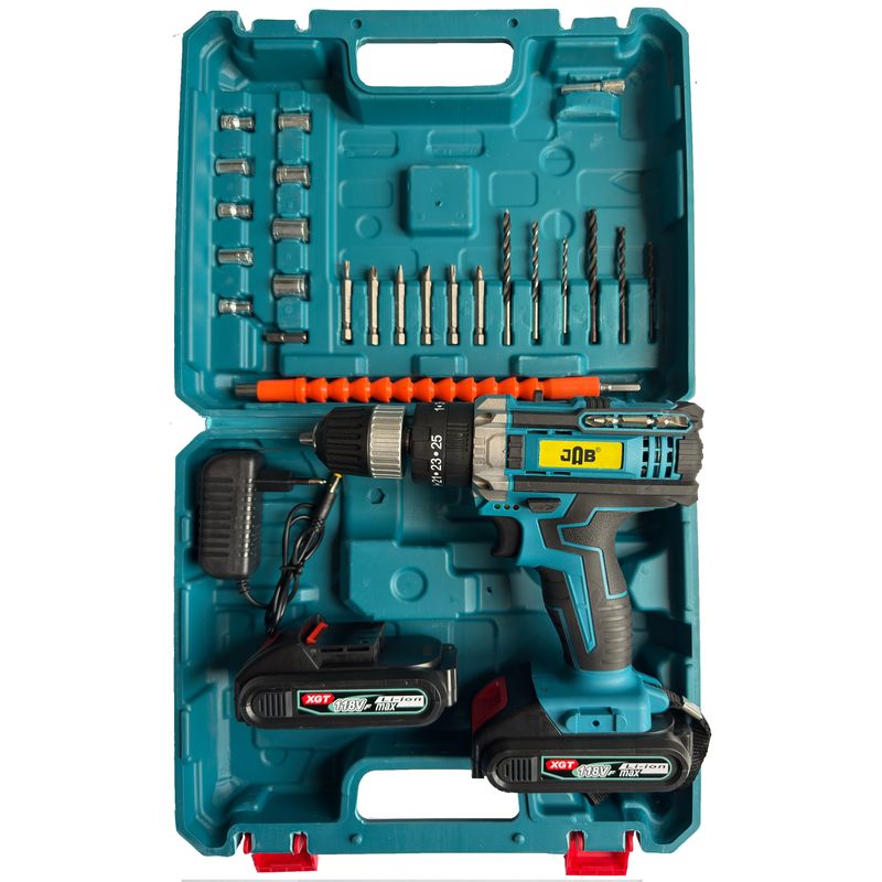 دریل پیچ گوشتی شارژی چکشی سه نظام 10 میلیمتر 118 ولت جاب مدل jb 118 max edition مجموعه 40 عددی